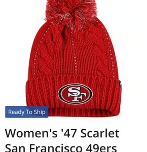 San Francisco 49ers womens scarlet beanie with silver thread woven through it.